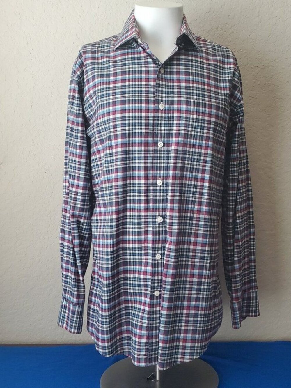 Kirkland Signature Men's L Dress Shirt Long Sleeve Blue Plaid Sport Fit